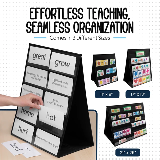 Alt view image 3 of 5 - 3 Pack Tabletop Pocket Chart Stand, 13" Wide x 17" Tall, Black Double Sided with 5 Straps Each, Reusable, For Classrooms Home or Offices, Easy to Use, Foldable