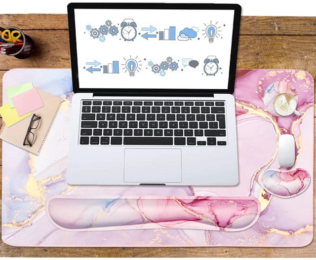 Alt view image 6 of 6 - Keyboard Mouse Pad Set, Extended Mouse Pad+Keyboard Wrist Rest Support, Memory Foam Ergonomic Easy Typing, 3Pcs (35.4×15.7 in) Desk Pad Set for Home Office Study Game- Pink Marble