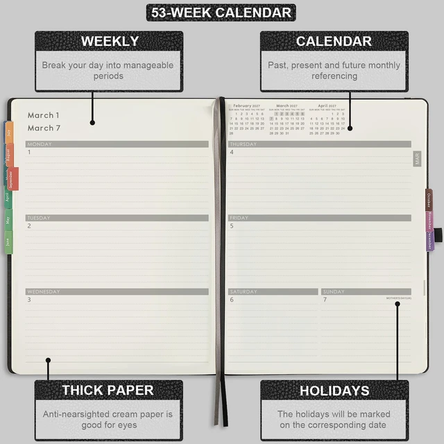 Alt view image 5 of 7 - 2027 Planner - Jan 2027 - Dec 2027, 2027 Planner Weekly and Monthly 2027 Calendar Planner, 8.5" x 11", Leather Cover Planner with Thick Paper, Back Pocket with Notes Pages, Black