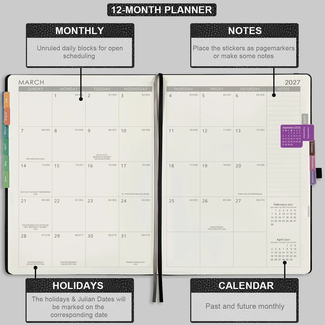 Alt view image 6 of 7 - 2027 Planner - Jan 2027 - Dec 2027, 2027 Planner Weekly and Monthly 2027 Calendar Planner, 8.5" x 11", Leather Cover Planner with Thick Paper, Back Pocket with Notes Pages, Black