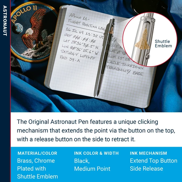 Alt view image 3 of 7 - Space Pen Chrome Shuttle Emblem Original Astronaut Pen, Gift Box Pressurized Ballpoint Pen Writes Upside Down and in Extreme Temperatures, Black Ink, Medium Point, Pocket Clip, Made in USA