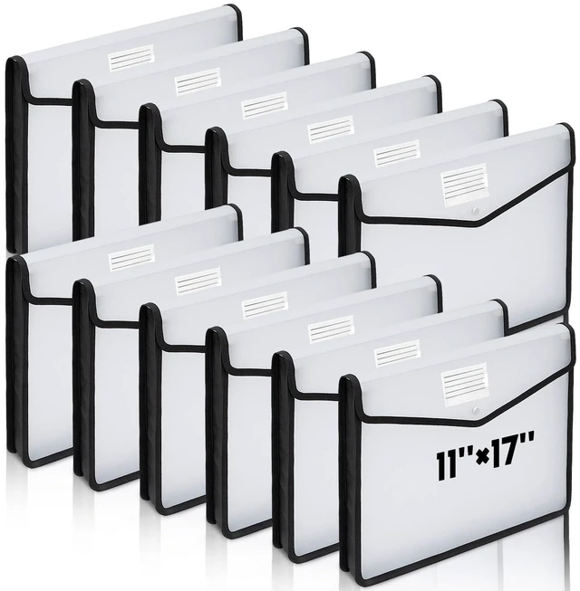 Main image of 12 Pcs 11 x 17 Inch Expandable Tabloid Size Document Folder Organizers with Snap Closure & Label, Clear Plastic Expanding File Folder for A3 Ledger Size Plots Charts (Black)