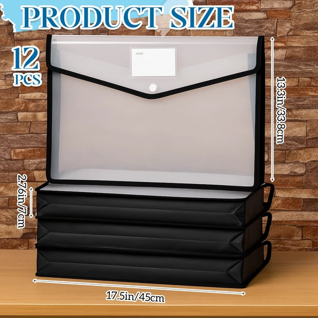 Alt view image 2 of 7 - 12 Pcs 11 x 17 Inch Expandable Tabloid Size Document Folder Organizers with Snap Closure & Label, Clear Plastic Expanding File Folder for A3 Ledger Size Plots Charts (Black)
