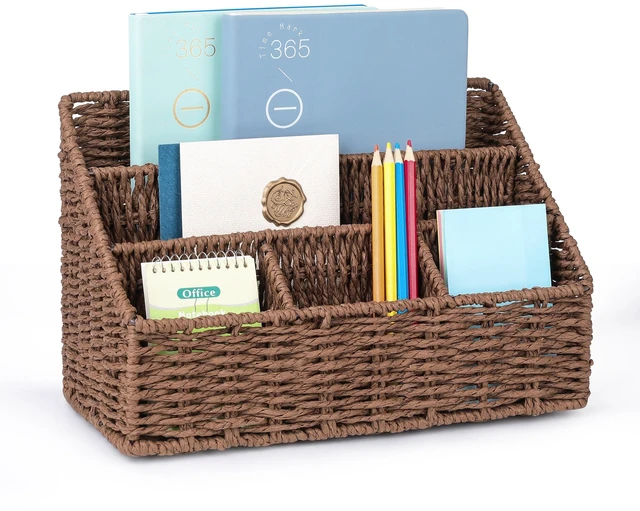 Main image of Rattan Desk Organizer, Tabletop Mail Holder, 5 Slot Mail Organizer Countertop Basket, Rattan Office Supplies, Boho Office Desk Accessories, Wicker Desk Organizer, Magazine HolderBrown