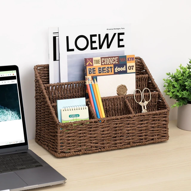 Alt view image 2 of 7 - Rattan Desk Organizer, Tabletop Mail Holder, 5 Slot Mail Organizer Countertop Basket, Rattan Office Supplies, Boho Office Desk Accessories, Wicker Desk Organizer, Magazine HolderBrown