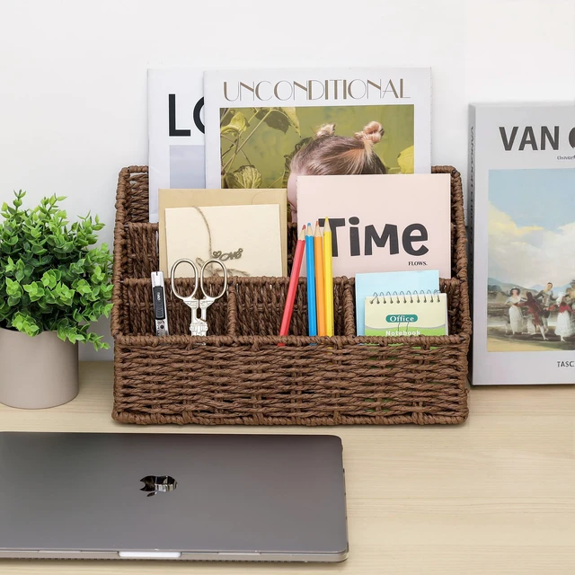 Alt view image 6 of 7 - Rattan Desk Organizer, Tabletop Mail Holder, 5 Slot Mail Organizer Countertop Basket, Rattan Office Supplies, Boho Office Desk Accessories, Wicker Desk Organizer, Magazine HolderBrown