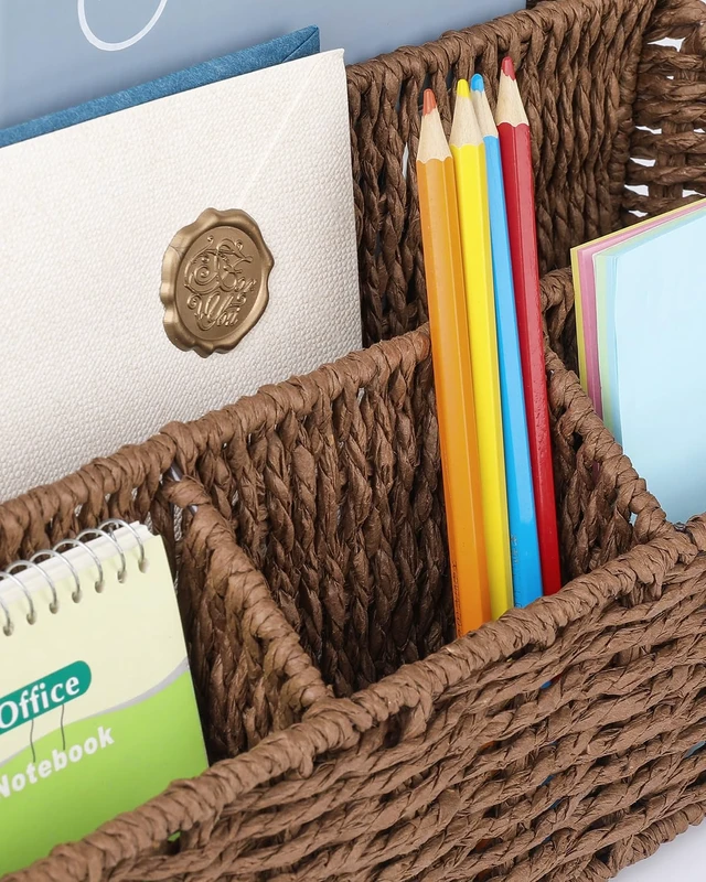 Alt view image 7 of 7 - Rattan Desk Organizer, Tabletop Mail Holder, 5 Slot Mail Organizer Countertop Basket, Rattan Office Supplies, Boho Office Desk Accessories, Wicker Desk Organizer, Magazine HolderBrown