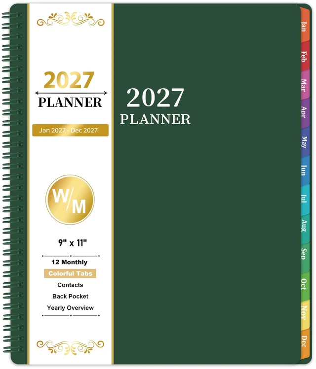 Main image of 2027 Planner Weekly and Monthly - Planner 2027, Jan.2027 - Dec.2027, 9"×11" 2027 Calendar Planner with Premium Thick Paper, Inner Pocket, Colorful Tabs, Twin-wire Binding - Emerald