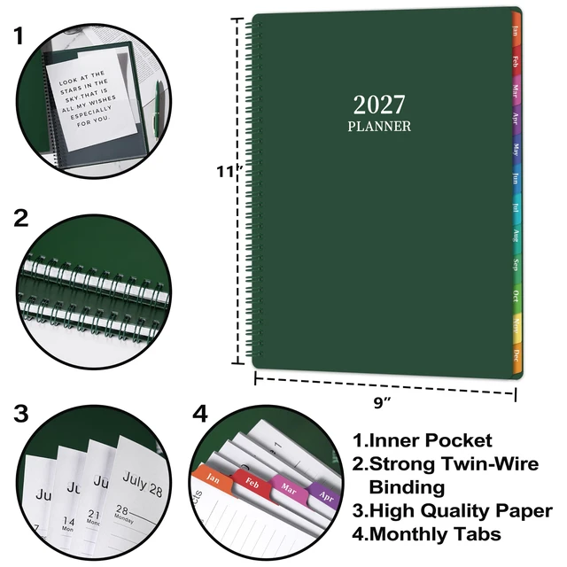 Alt view image 3 of 7 - 2027 Planner Weekly and Monthly - Planner 2027, Jan.2027 - Dec.2027, 9"×11" 2027 Calendar Planner with Premium Thick Paper, Inner Pocket, Colorful Tabs, Twin-wire Binding - Emerald