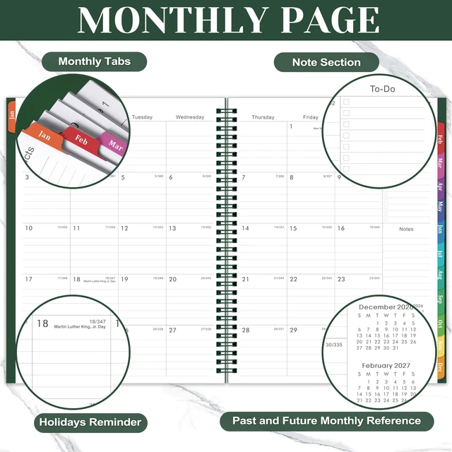 Alt view image 4 of 7 - 2027 Planner Weekly and Monthly - Planner 2027, Jan.2027 - Dec.2027, 9"×11" 2027 Calendar Planner with Premium Thick Paper, Inner Pocket, Colorful Tabs, Twin-wire Binding - Emerald