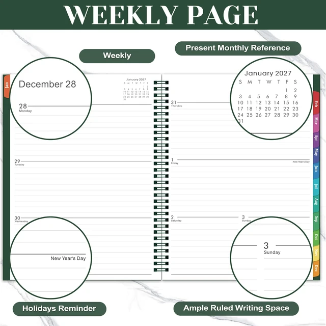 Alt view image 5 of 7 - 2027 Planner Weekly and Monthly - Planner 2027, Jan.2027 - Dec.2027, 9"×11" 2027 Calendar Planner with Premium Thick Paper, Inner Pocket, Colorful Tabs, Twin-wire Binding - Emerald