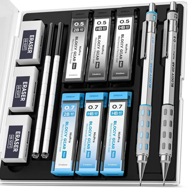 Main image of Blocky Gear 0.5 mm & 0.7 mm Mechanical Pencils Set in Case Metal Pencil with 6 Tube Lead Refills, Eraser, Eraser Refills for Professional & Adult Art Writing Drafting Drawing Sketching