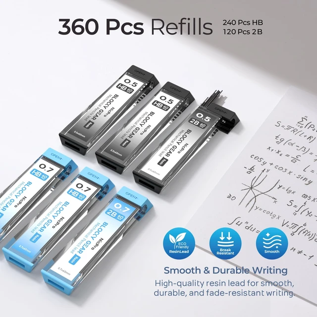 Alt view image 4 of 7 - Blocky Gear 0.5 mm & 0.7 mm Mechanical Pencils Set in Case Metal Pencil with 6 Tube Lead Refills, Eraser, Eraser Refills for Professional & Adult Art Writing Drafting Drawing Sketching