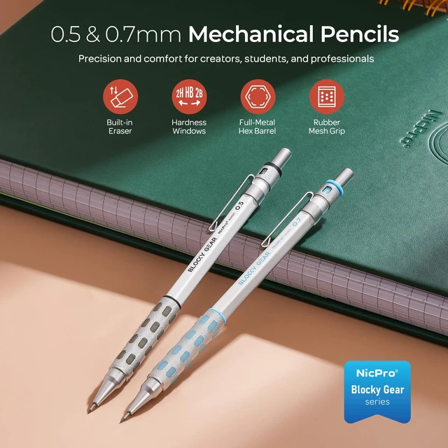 Alt view image 2 of 7 - Blocky Gear 0.5 mm & 0.7 mm Mechanical Pencils Set in Case Metal Pencil with 6 Tube Lead Refills, Eraser, Eraser Refills for Professional & Adult Art Writing Drafting Drawing Sketching