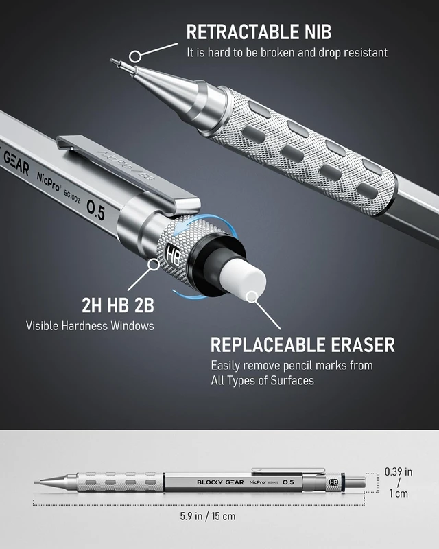 Alt view image 7 of 7 - Blocky Gear 0.5 mm & 0.7 mm Mechanical Pencils Set in Case Metal Pencil with 6 Tube Lead Refills, Eraser, Eraser Refills for Professional & Adult Art Writing Drafting Drawing Sketching