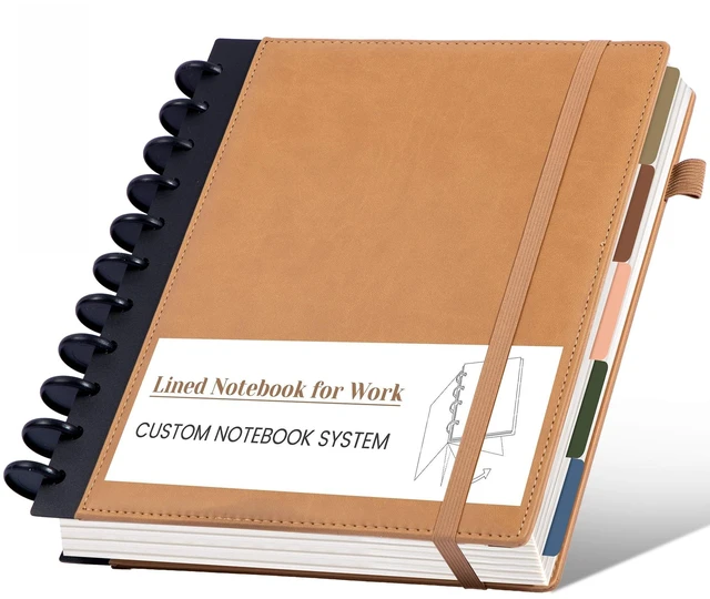 Main image of Hardcover Refillable Journal Notebook with Removable Divider Tabs, 300 Pages Leather 5 Subject Discbound Notebook College Ruled for Work School Note Taking,10x11.5" Lined Journal for Men & Women,brown