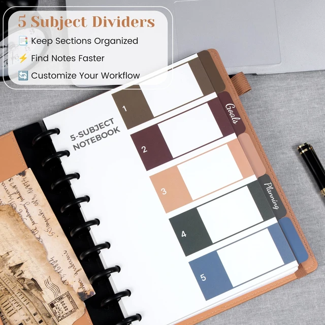 Alt view image 2 of 7 - Hardcover Refillable Journal Notebook with Removable Divider Tabs, 300 Pages Leather 5 Subject Discbound Notebook College Ruled for Work School Note Taking,10x11.5" Lined Journal for Men & Women,brown