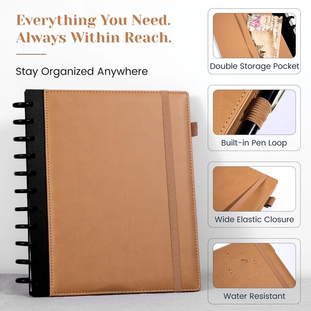 Alt view image 3 of 7 - Hardcover Refillable Journal Notebook with Removable Divider Tabs, 300 Pages Leather 5 Subject Discbound Notebook College Ruled for Work School Note Taking,10x11.5" Lined Journal for Men & Women,brown