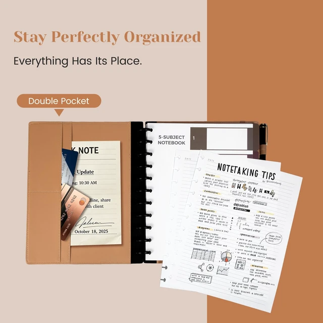 Alt view image 4 of 7 - Hardcover Refillable Journal Notebook with Removable Divider Tabs, 300 Pages Leather 5 Subject Discbound Notebook College Ruled for Work School Note Taking,10x11.5" Lined Journal for Men & Women,brown