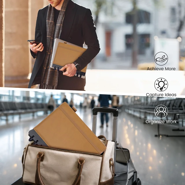 Alt view image 5 of 7 - Hardcover Refillable Journal Notebook with Removable Divider Tabs, 300 Pages Leather 5 Subject Discbound Notebook College Ruled for Work School Note Taking,10x11.5" Lined Journal for Men & Women,brown