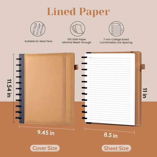 Alt view image 7 of 7 - Hardcover Refillable Journal Notebook with Removable Divider Tabs, 300 Pages Leather 5 Subject Discbound Notebook College Ruled for Work School Note Taking,10x11.5" Lined Journal for Men & Women,brown