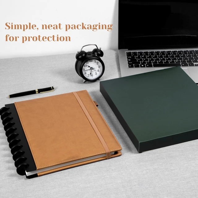 Alt view image 6 of 7 - Hardcover Refillable Journal Notebook with Removable Divider Tabs, 300 Pages Leather 5 Subject Discbound Notebook College Ruled for Work School Note Taking,10x11.5" Lined Journal for Men & Women,brown