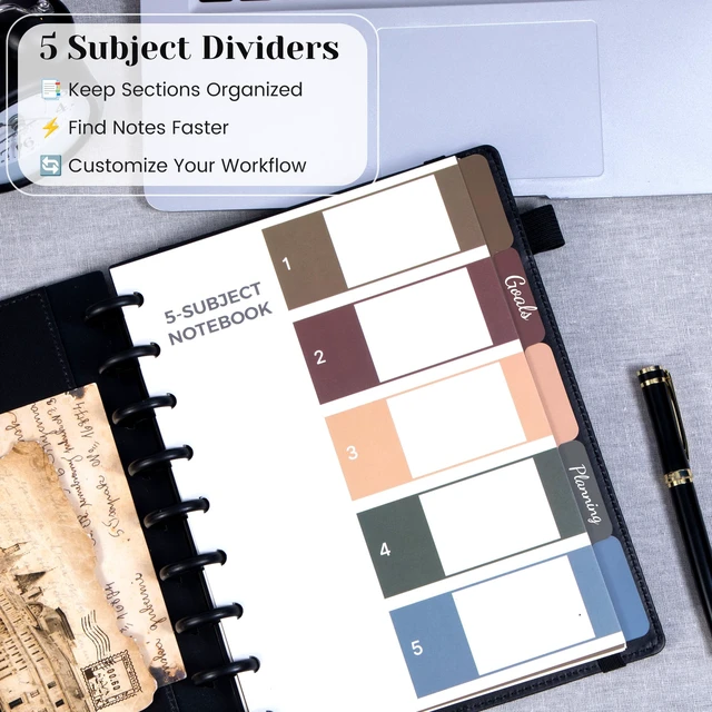 Alt view image 2 of 7 - Hardcover Refillable Journal Notebook with Removable Divider Tabs, 300 Pages Leather 5 Subject Discbound Notebook College Ruled for Work School Note Taking,10x11.5" Lined Journal for Men & Women,black