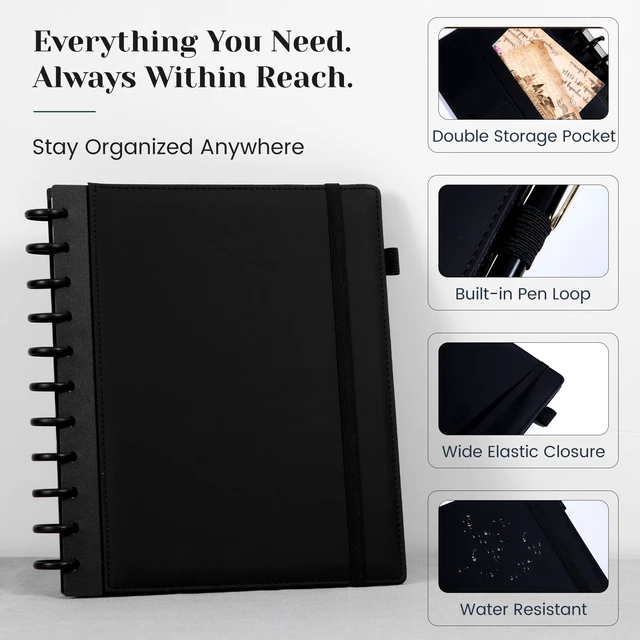 Alt view image 3 of 7 - Hardcover Refillable Journal Notebook with Removable Divider Tabs, 300 Pages Leather 5 Subject Discbound Notebook College Ruled for Work School Note Taking,10x11.5" Lined Journal for Men & Women,black