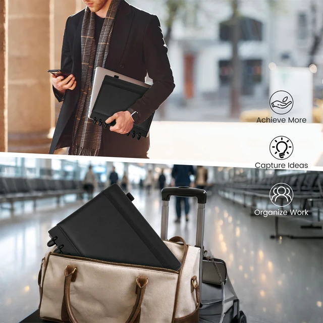 Alt view image 5 of 7 - Hardcover Refillable Journal Notebook with Removable Divider Tabs, 300 Pages Leather 5 Subject Discbound Notebook College Ruled for Work School Note Taking,10x11.5" Lined Journal for Men & Women,black