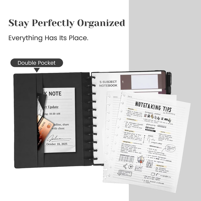 Alt view image 4 of 7 - Hardcover Refillable Journal Notebook with Removable Divider Tabs, 300 Pages Leather 5 Subject Discbound Notebook College Ruled for Work School Note Taking,10x11.5" Lined Journal for Men & Women,black