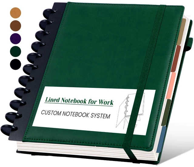 Main image of Hardcover Refillable Journal Notebook with Removable Divider Tabs, 300 Pages Leather 5 Subject Discbound Notebook College Ruled for Work School Note Taking,10x11.5" Lined Journal for Men & Women,green