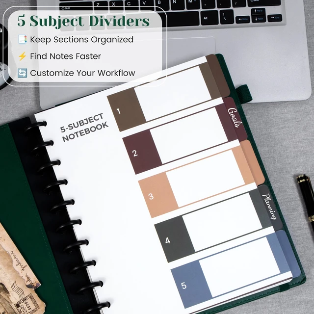 Alt view image 2 of 7 - Hardcover Refillable Journal Notebook with Removable Divider Tabs, 300 Pages Leather 5 Subject Discbound Notebook College Ruled for Work School Note Taking,10x11.5" Lined Journal for Men & Women,green