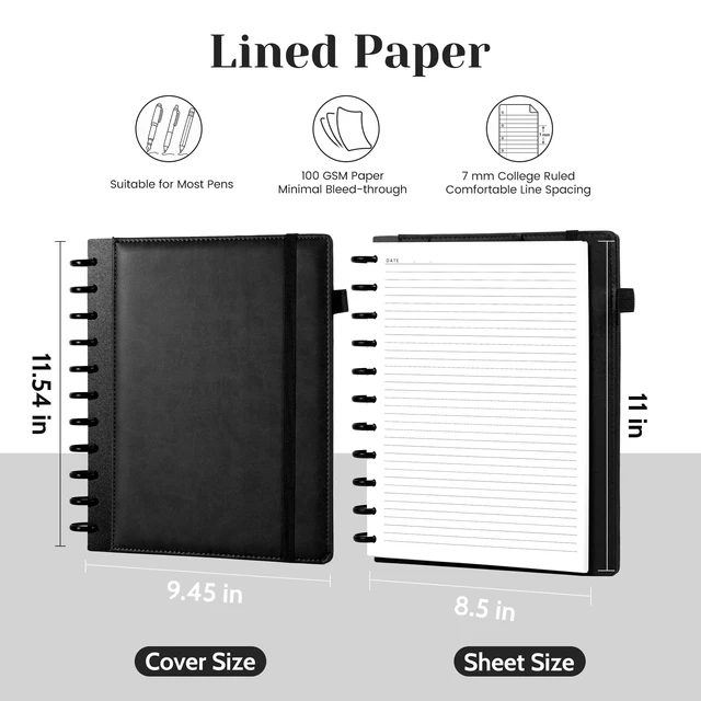 Alt view image 7 of 7 - Hardcover Refillable Journal Notebook with Removable Divider Tabs, 300 Pages Leather 5 Subject Discbound Notebook College Ruled for Work School Note Taking,10x11.5" Lined Journal for Men & Women,black