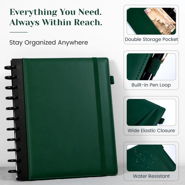 Alt view image 3 of 7 - Hardcover Refillable Journal Notebook with Removable Divider Tabs, 300 Pages Leather 5 Subject Discbound Notebook College Ruled for Work School Note Taking,10x11.5" Lined Journal for Men & Women,green