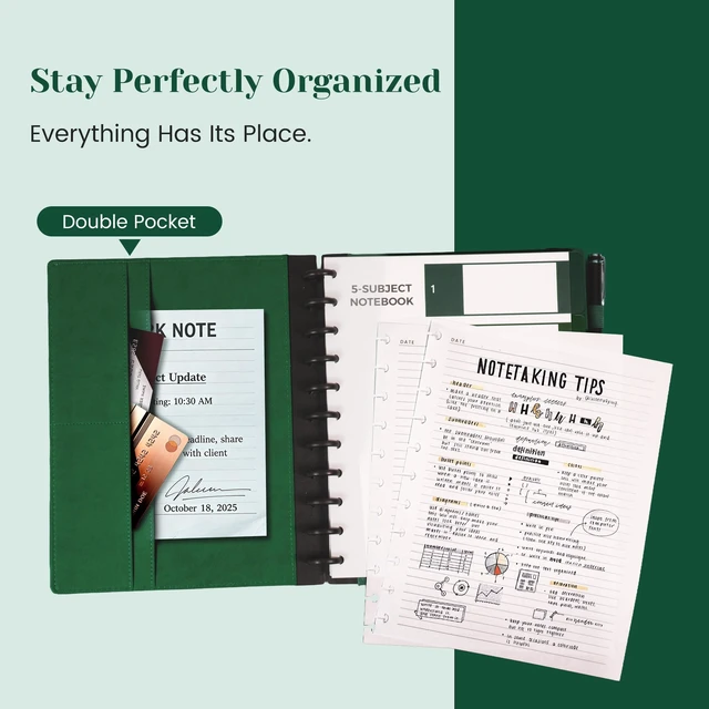 Alt view image 4 of 7 - Hardcover Refillable Journal Notebook with Removable Divider Tabs, 300 Pages Leather 5 Subject Discbound Notebook College Ruled for Work School Note Taking,10x11.5" Lined Journal for Men & Women,green