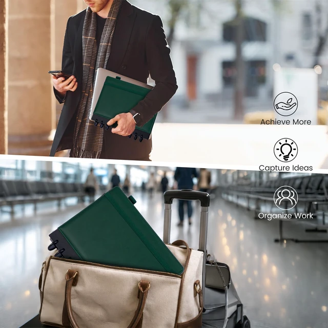 Alt view image 5 of 7 - Hardcover Refillable Journal Notebook with Removable Divider Tabs, 300 Pages Leather 5 Subject Discbound Notebook College Ruled for Work School Note Taking,10x11.5" Lined Journal for Men & Women,green