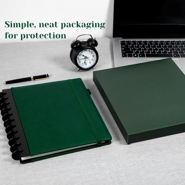 Alt view image 6 of 7 - Hardcover Refillable Journal Notebook with Removable Divider Tabs, 300 Pages Leather 5 Subject Discbound Notebook College Ruled for Work School Note Taking,10x11.5" Lined Journal for Men & Women,green