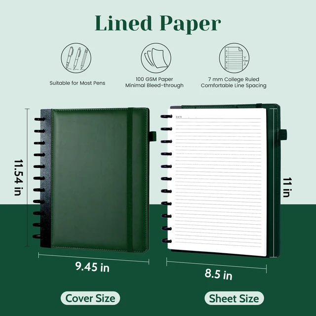 Alt view image 7 of 7 - Hardcover Refillable Journal Notebook with Removable Divider Tabs, 300 Pages Leather 5 Subject Discbound Notebook College Ruled for Work School Note Taking,10x11.5" Lined Journal for Men & Women,green
