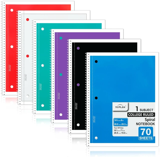 Main image of Spiral Notebooks 6 Pack, College Ruled Notebook Paper, 1 Subject Notebook for School & Work, 8" x 10-1/2", 70 Sheets per Notebook, 6 Assorted Colors