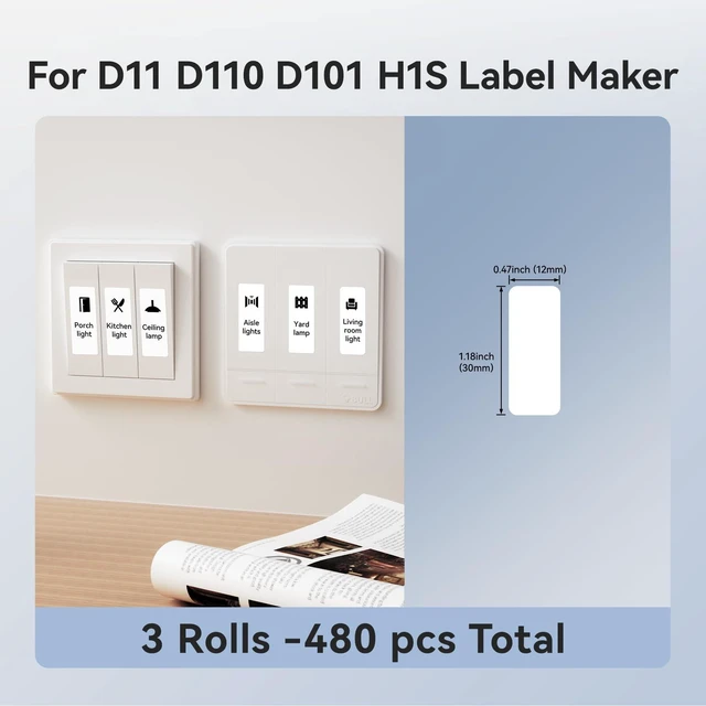 Alt view image 2 of 7 - D11 Label Maker Tape D110 Labels 3Rolls, Self-Adhesive Labeling Tape Replacement 0.47" X 1.18" (12 X 30mm) Thermal Label Refills for Home Office, 630 Labels/3Rolls, White