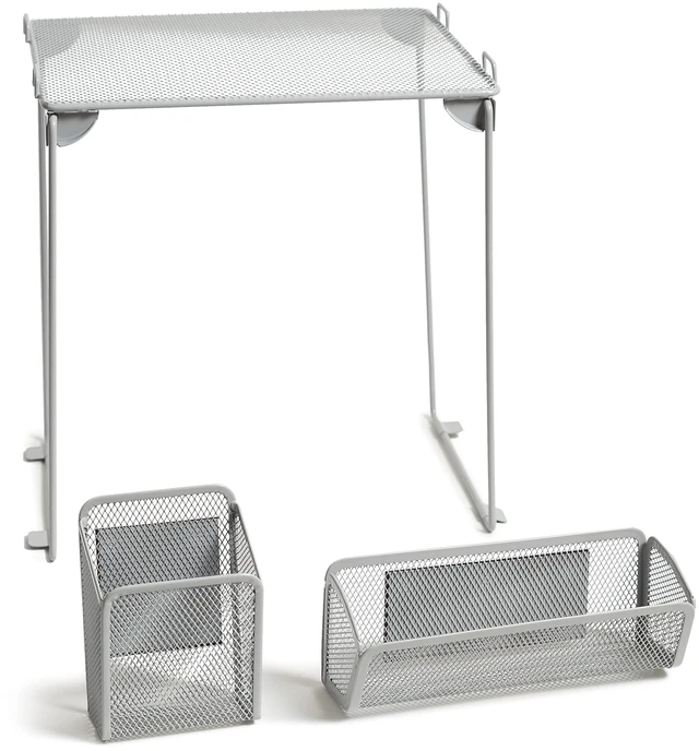 Main image of 3-Piece Locker Organizer Shelf, Magnetic Mesh Cup and Bin, Grey The folding shelf holds up to 25 lb in a school, gym or work locker; the cup and bin grip the door on their own magnets