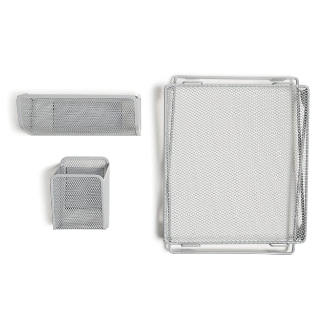 Alt view image 3 of 7 - 3-Piece Locker Organizer Shelf, Magnetic Mesh Cup and Bin, Grey The folding shelf holds up to 25 lb in a school, gym or work locker; the cup and bin grip the door on their own magnets
