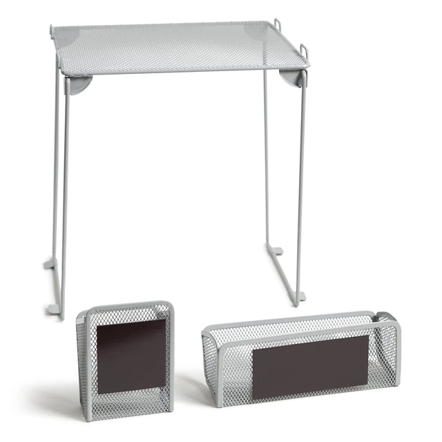 Alt view image 4 of 7 - 3-Piece Locker Organizer Shelf, Magnetic Mesh Cup and Bin, Grey The folding shelf holds up to 25 lb in a school, gym or work locker; the cup and bin grip the door on their own magnets