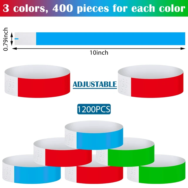 Alt view image 2 of 6 - 1200 Pack Paper Wristbands,Red, Green, Blue Plastic Wristbands for Event Party Wrist Band Colored Adhesive Neon Identification Hand Bands, Concert, Festivals, Waterproof