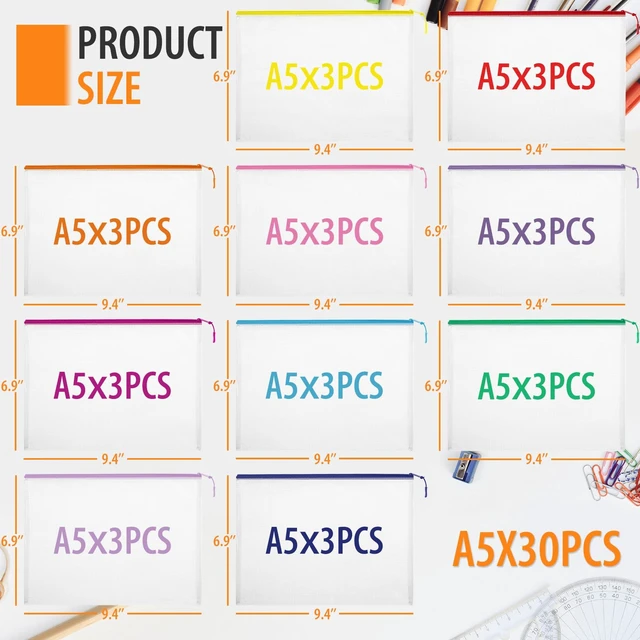 Alt view image 2 of 7 - 30PCS Mesh Zipper Pouch Bags, A5 9.4x6.9 Inches Waterproof Mesh Bags with Zipper, Plastic Zipper Pouches for Organizing, Mesh Bags for Travel Storage School Supplies, 10 Colors Assortment