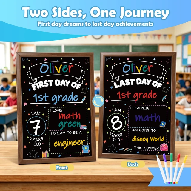 Alt view image 2 of 7 - First Day of School Sign, Double Sided Chalkboard with Wood Frame First and Last Day of School Sign Double-Sided with 5 Liquid Chalk Markers, Back to School Board for Kids, 14"x10"