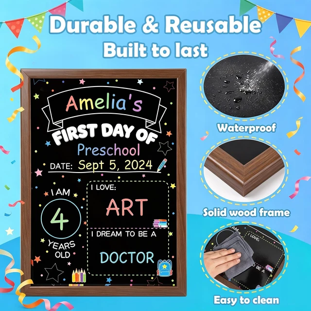 Alt view image 5 of 7 - First Day of School Sign, Double Sided Chalkboard with Wood Frame First and Last Day of School Sign Double-Sided with 5 Liquid Chalk Markers, Back to School Board for Kids, 14"x10"