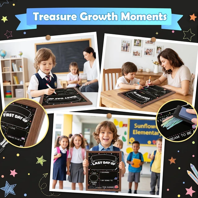 Alt view image 7 of 7 - First Day of School Sign, Double Sided Chalkboard with Wood Frame First and Last Day of School Sign Double-Sided with 5 Liquid Chalk Markers, Back to School Board for Kids, 14"x10"