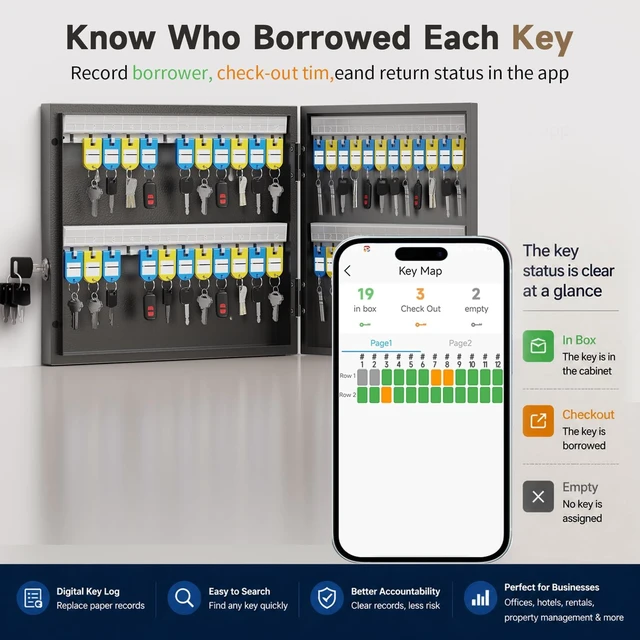 Alt view image 5 of 7 - 48 Key Lock Box, Steel Key Cabinet with Combination Lock & Key Wall Mounted Key Organizer Box with Key Management App (Record Key Borrow/Return) for Home, Small Office, School, Rental