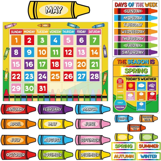 Main image of Colorful Crayon Calendar Bulletin Board Set Crayons CTP Bulletin Board Calendar Seasons Weather Chart Crayon Classroom Decors with Season Weather and Days of the Week Chart for Back to School Supplies
